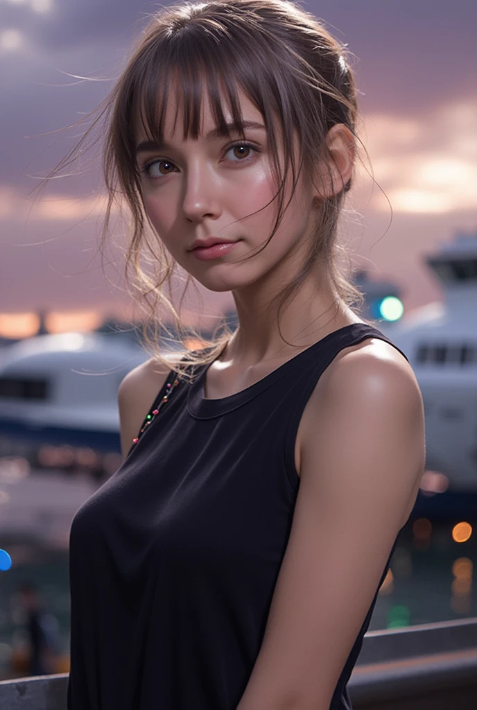 Masterpiece, 20 year old woman, full body, he highest quality, big pink eyes,proportionate lips, Colorful cinematic lighting, brown Cashmere Dress bare shoulders, with overflow [green|rose] long wavy hair, ponytail, (wearing a headband), (Perfect face:1.1), mist,sitting Train tracks, at night, moon, moonlight, romantic, HDR, Very detailed, 8k, Hyper realistic, shot at eye level, Cinestill 800