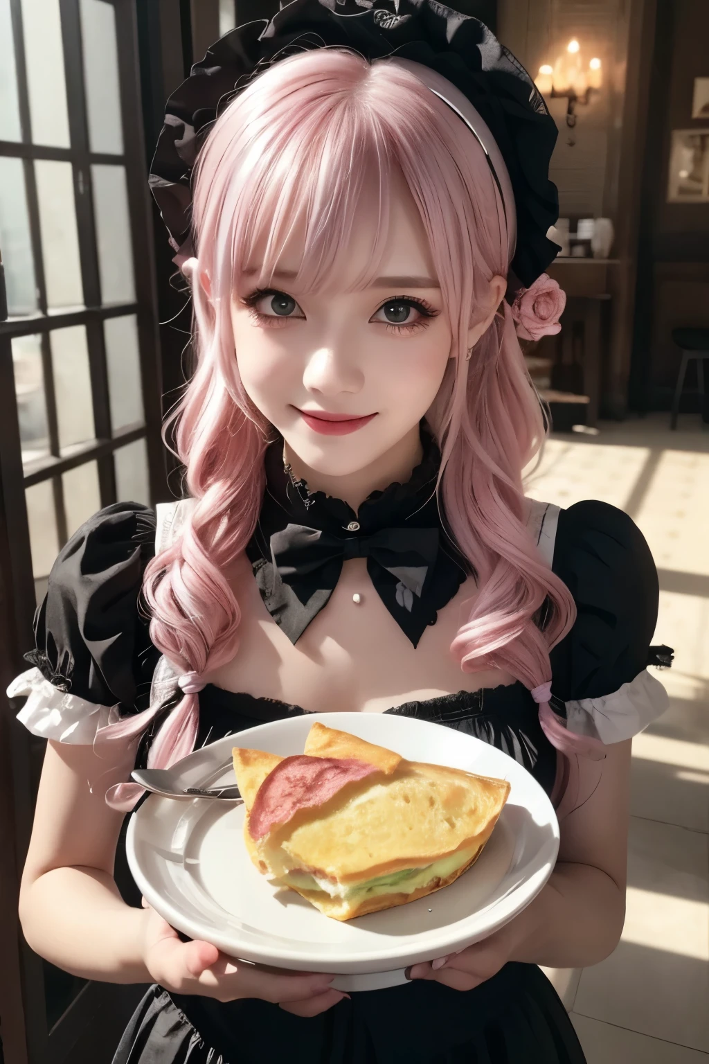 in a cafe, bring omelet and hoy tea on the tray, sunshine sades in, maid, servant, wearing pink gothic lolita fashion, shot from directly above, smiliing, pampered expression, lovey-dovey, shiny silver and pink hair, pompadour hairstyle, twisted bangs, hair is shaggy and dishevelled, silver eyeblow, slendar figure, beautiful white-colored translucent skin, vivid makeup, {realistic}, {cinematic}, {photogenic}, {detailed rendering}, {cinematic lighting}, {vibrant colors}, {photorealistic}, {best quality}, {8k}, {hyperdetailed}