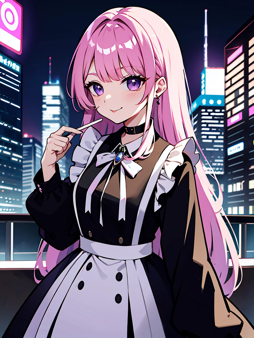 Two-tone hair color（Black and Pink）、Long Hair（Hair color split in half with pink and black）City Background、gem、badge、ボタンbadge、Food、Purple Eyes、 earrings for a woman alone、 maid clothes、 upper body、 dressed character with the hood down 、 focusing on the audience 、Long Tongue、Chest in the center、, lean forward, cyberpunk city,Night view,