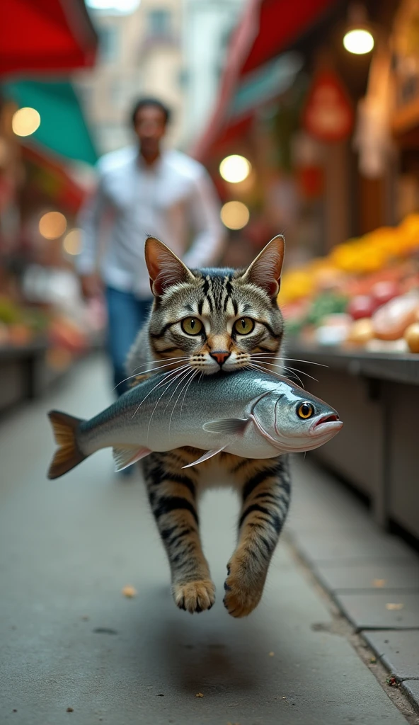 A hyper-realistic action shot of an American Shorthair cat with striking silver and black tabby markings, clutching a large fish in its mouth as it dashes through a bustling market. The cat’s wide, alert eyes and sleek, athletic body convey a sense of mischief and speed as it makes its escape. Behind the cat, a person is caught mid-stride, arms outstretched in pursuit, their expression one of surprise and determination. The dynamic scene is set in a lively outdoor marketplace, with blurred stalls in the background displaying vibrant fruits, vegetables, and seafood, adding color and energy to the image.
Captured with a Nikon Z9 full-frame mirrorless camera and a Zeiss Otus 85mm f/1.4 lens, shot at f/1.4 to focus on the cat while softly blurring the market background, enhancing the sense of motion. The image is rendered in stunning 16K resolution, capturing every fur detail, the fish’s texture, and the determination in both the cat and the human’s faces. Colors are graded in ACES color space, emphasizing the natural tones of the marketplace with pops of vibrant color, creating a lively, cinematic atmosphere. Motion blur and sharp detail are balanced for a photorealistic effect that captures the humor and drama of the chase. --with 9:16 -- at 6. 1 --q 2 --s 1000((Best Quality)), ((masterpiece)), ( Details), 1 girl, sexy