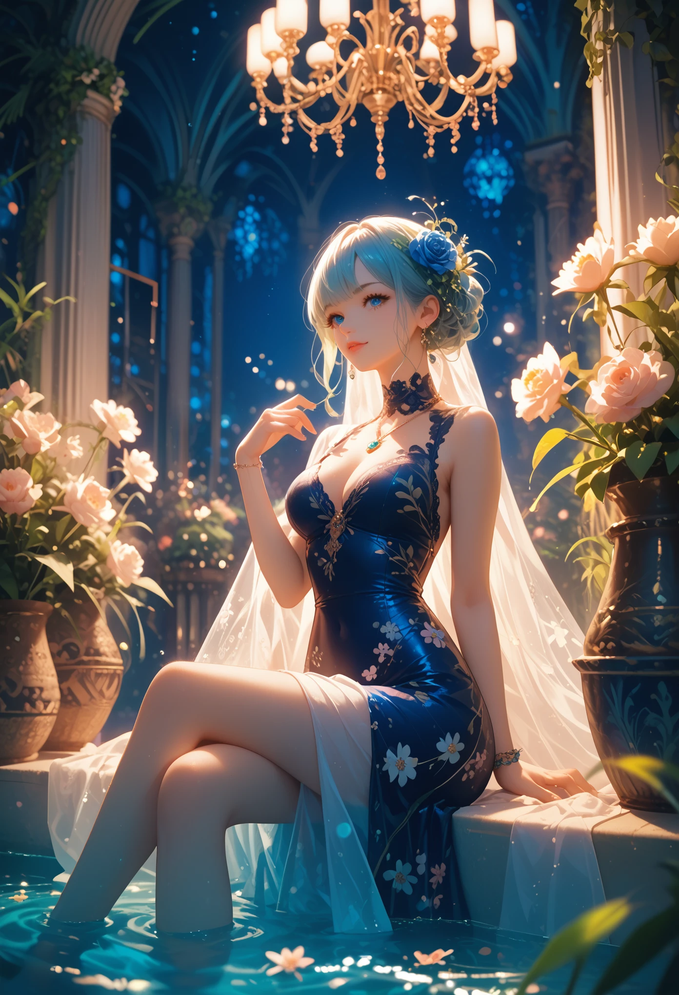 anime, girl 28 years old,  sits on a Chair in a Beautiful Tight Ball Outfit, (Floral Plenty 1 .2), bright colors, decorations,  Stylish Neck Pendant ,  In the Hands A Blue Thicket of Water , in the thicket ,  Lush Voluminous Hair , 8 k,  Complex details , bright colors, masterpiece, ( best quality :1.3), score_9, score_8_up, score_7_up
