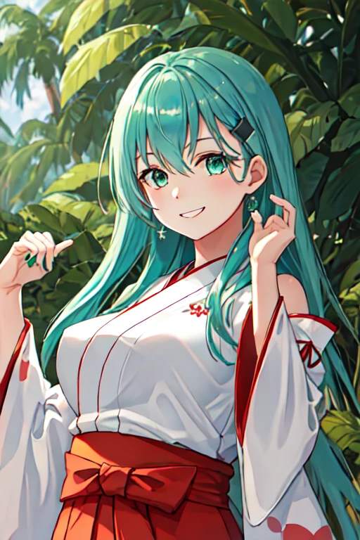 Best Quality, masterpiece,  high resolution on down, Alone, { white kimono:1.35}, {Red Hakama:1.35}, { wide sleeve:1.20}, {Suzuya_ fleet this:1.15}, length_hair, hair_ ornament, Aqua_hair, hairclip, , breast, smile, Aqua_eye, green_eye, hair_between_eye, big_breast, green_hair