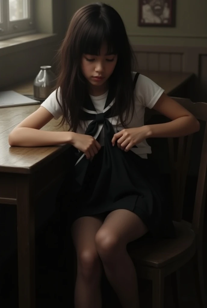 a young girl, big green eyes, round face, small nose, big lips, long purple hair, long eyelashes, pale skin, red cheeks, split chin, Green plaid skirt, long-sleeved white blouse, high socks, school shoes, in class room, in school, more students, naughty face, f/16, Canon, from below, Fujicolor, ray tracing, 16k, 8k, highres, best quality, award winning, high quality, high details, super detail, textured skin, anatomically correct, masterpiece, accurate