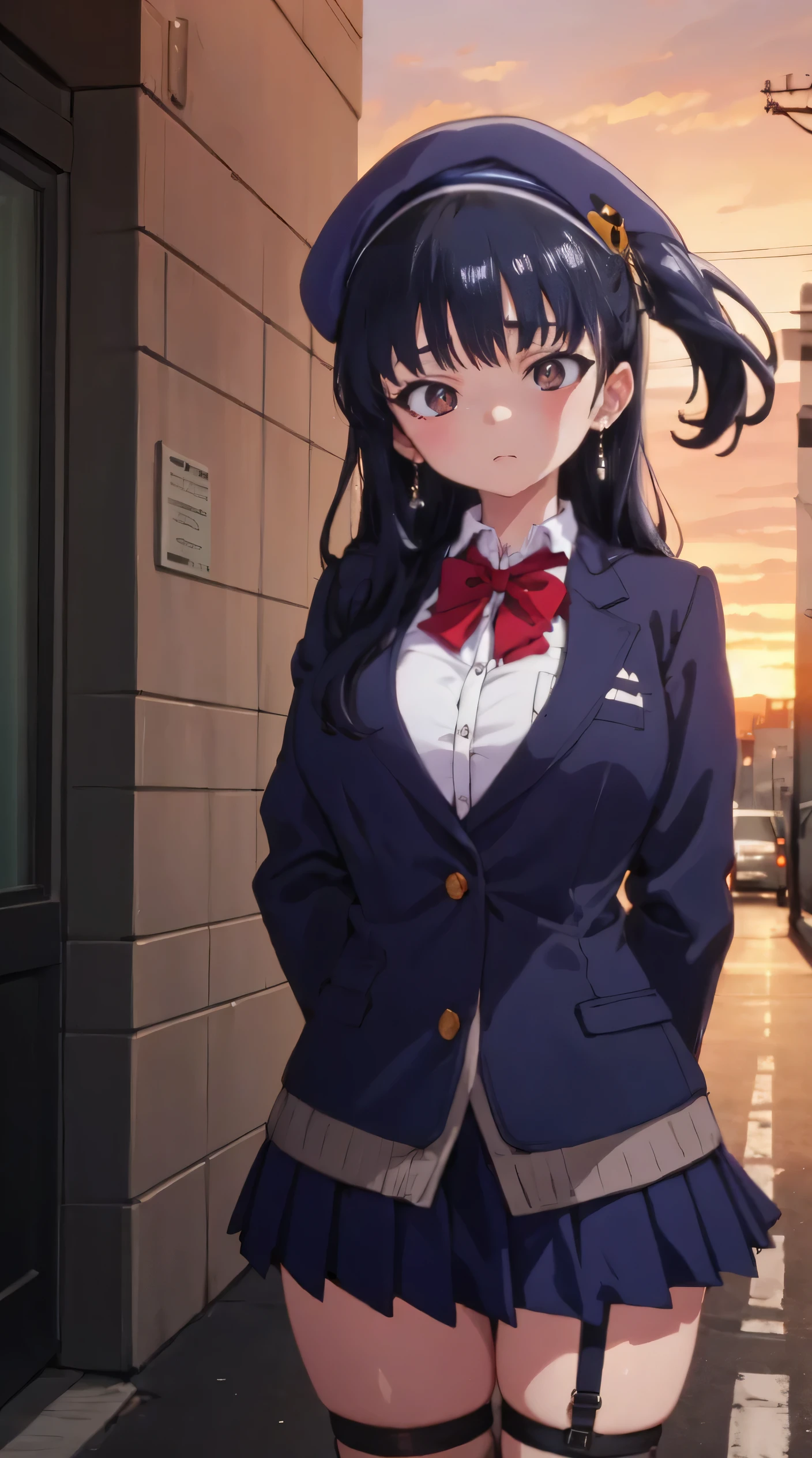 Anna Yamada, masterpiece, Best quality, 1 girl, 18 years, (Large breasts:1.3), black hair, multicolored hair, bangs, one side up, long hair, brown eyes, hairclip, jewelry, earrings, beret, blue headwear, red bowtie, collared shirt, blue jacket, open jacket, long sleeves, grey skirt (street city background), (Sunset:1.2), hand behind your back, near the wall, Front View of Viewers., thigh strap, head tilt, bored, watery eyes,