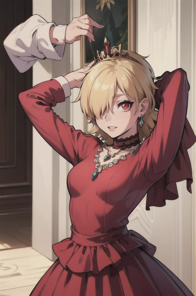 (masterpiece, best quality:1.2), cowboy shot, solo, 1girl, seras victoria, parted lips, looking at viewer, arms behind head, hair over one eye, red eyes, modeling at a palace setting, adorned in a stately satin, lace and tulle ballgown wedding dress, bow in back, bows on skirt, long sleeves, modest, Crowning her head is a tiara and a veil while diamond earrings and necklace sparkle in contrast with the white, realistic, 4k, hd, detailed, perfect anatomy, perfect hands, perfect face, cute, professional artwork, (masterpiece), best quality, expressive eyes, perfect face, good hands, best hands, detailed, high quality, high resolution. 8k 