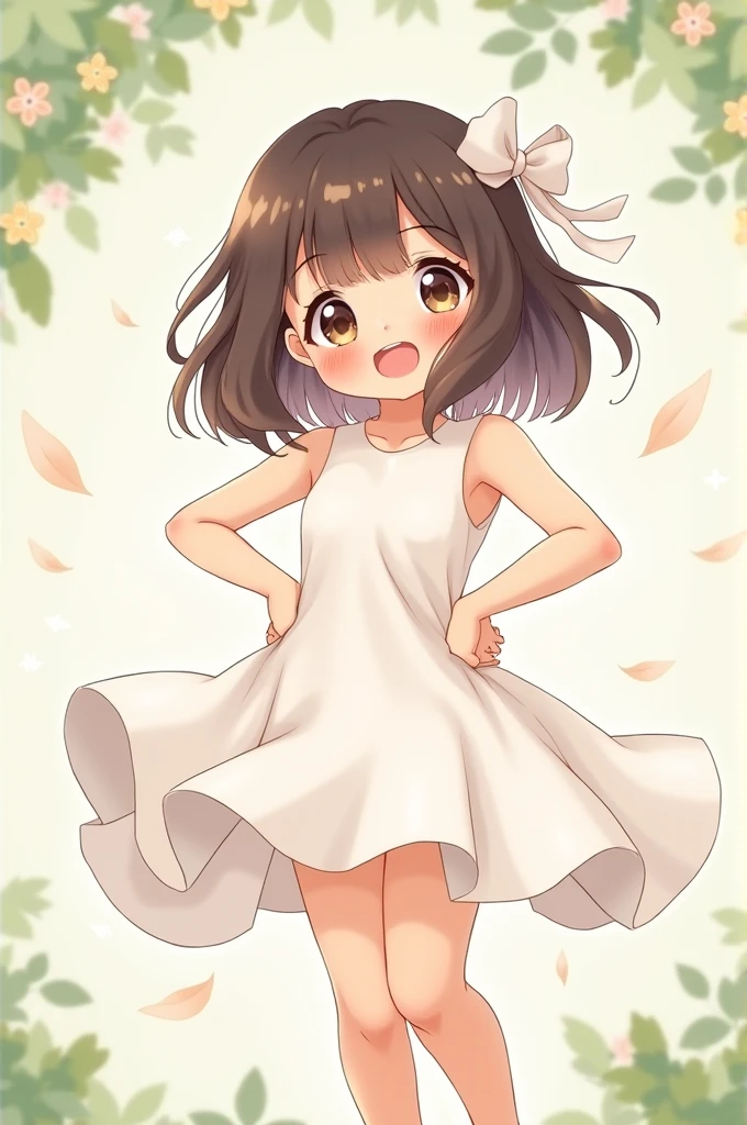 Chibi , full body , big hazel eyes , long wavy hair without bangs , brunette , white summer dress with straps , pretty sandals , blush face , standing up, walking, smiling face , cute freckles, saying hello, cute eyes