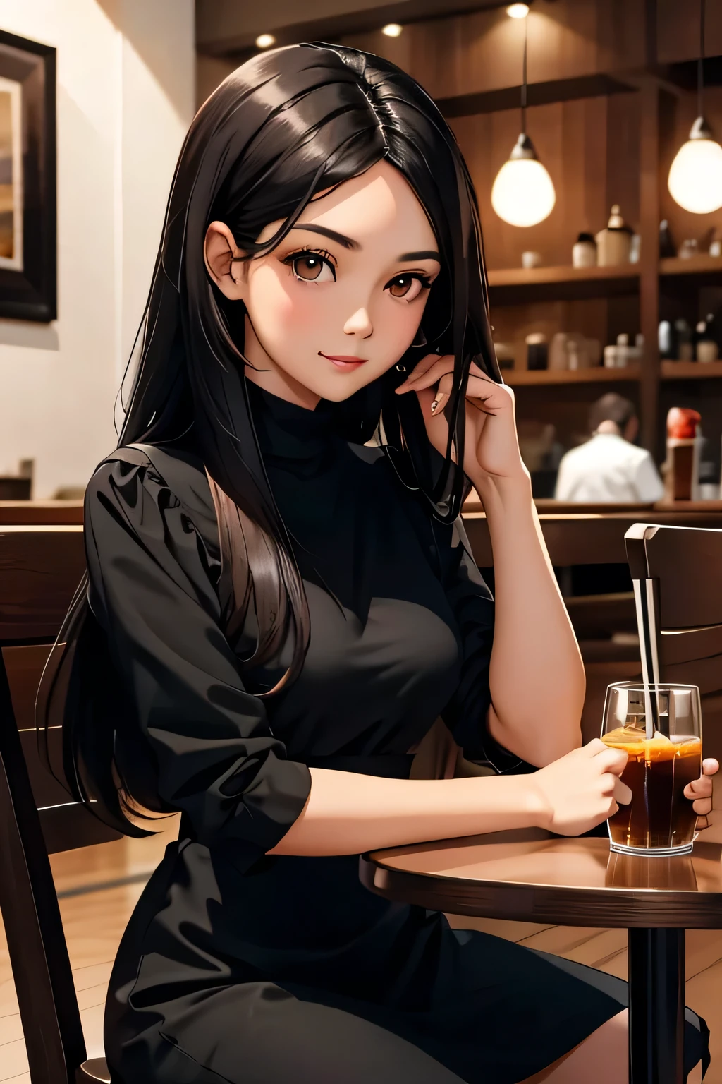 A beautiful woman with long black hair and brown eyes wearing a black dress while sitting in a restaurant 