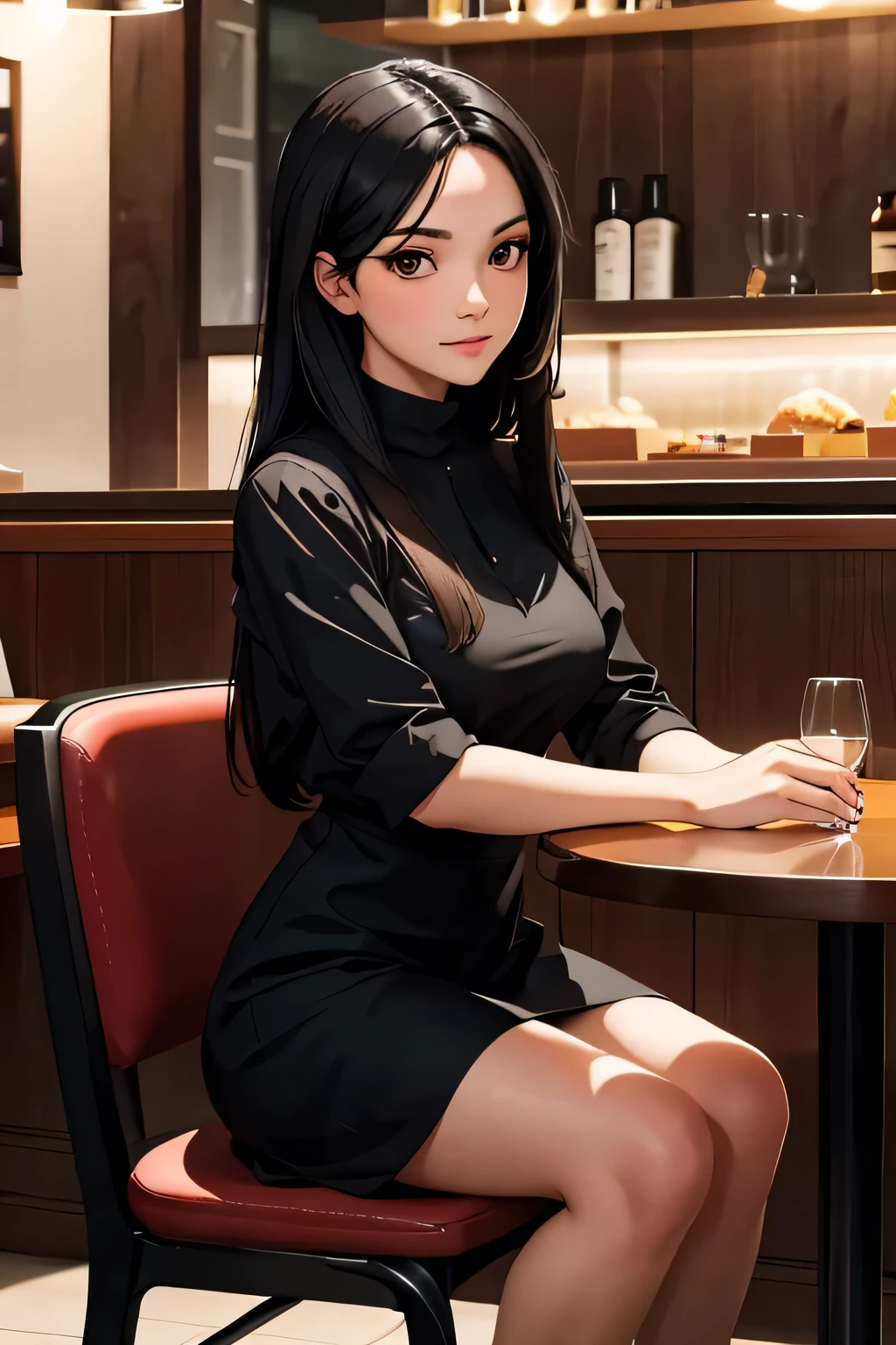 A beautiful woman with long black hair and brown eyes wearing a black dress while sitting in a restaurant 