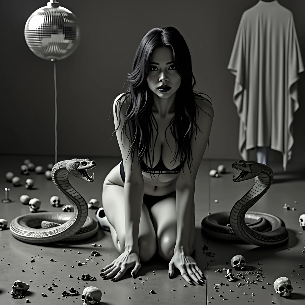 (extremadamente detallado, obra maestra, La mejor calidad), Estilo oscuro, intense illumination, rostro con arrugas, mujer crucificada, tentacle, monstruoso, interior de una piscina de agua verdosa, imagen submarina, alien con Colmillos finos. manchas de tinta. Rococo composition. Luz de caravaggio