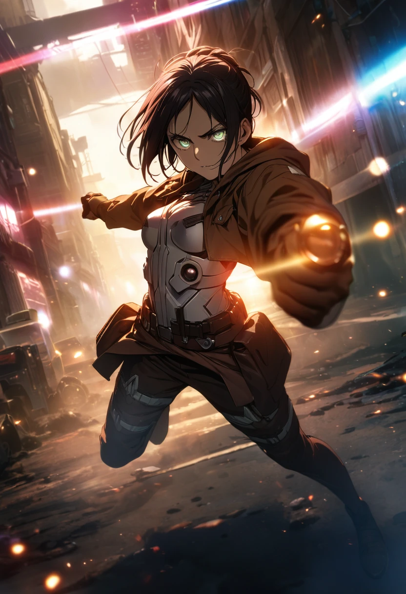 Upper half of the body, (masterpiece, best quality:1.2), Alone, 1 boy, Eren Yeager, Attack on Titan, looking at viewer, official art, extremely detailed CG unit 8k wallpaper, perfect lighting, (masterpiece:1.0 ),(best_quality:1.0), ultra high resolution,4k,Ultradetailed, photography, 8k, HDR, highres, absurdities:1.2, Bokeh Effect:1.2, lens flare, (vibrant_color:1.2), Futuristic clothing, cyberpunk, full body , fighting pose