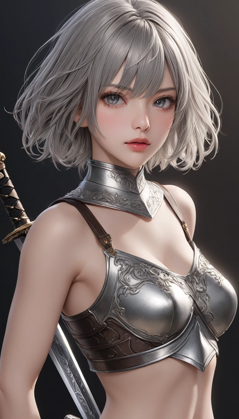 (RAW photo, 4k, masterpiece, high resolution, extremely complex) (realistic: 1.4),(white bunny ears),(lilac eyes),(silver bikini armor),(warrior),(naive smile ), (short hair), cinematic lighting, (((female character))), Ground Focus, (day),(holding a battle axe), medieval\(Style\), (Best Quality), (High Resolution) , (tan skin tone), (silver hair),(Beautiful face 8k),(ulzzang-6500:1.0),(floor),(spectators),(penetrate gauze),(side),(light environment),, (particles in the air), ( (speed)), (reality),