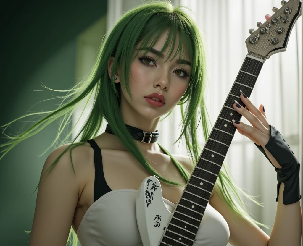 ((Masterpiece, Best quality))1girll, Solo,  Blue eyes, holding plectrum, instrument, Long hair, music, one side up, blue green hair, double tails, playing guiter, interiors，Solo,  A girl, White shirt, Milk falls on the chest area of the shirt, Masterpiece, A high resolution, Best quality, Highly detailed, Pupil of the slit, Beautiful woman, Large breasts, long leges，juicy legs，Usually detailed CG Unity 8K wallpapers，（ultra - detailed），（Ultra photo realsisim），（best character detail：1.36），Nikon D750 f / 1.4 55mm，RAW photo，profesional lighting， physically-based renderingt, Bare legged，Plump legs，the golden ratio,[:(com rosto detalhado:1.2):0.2]:，PureErosFace_V1，thick bushy eyebrows，(Delicate illustrations:1.4), (renaissance art:1.4), (Masterpiece:1.0), (Best quality:1.4), (超高分辨率:1.2), (Photorealistic:1.4), (8K, RAW photo:1.2), (Soft focus:1.4), (18yr old:1.3), (Sharp focus:1.4), Detailed beautiful face