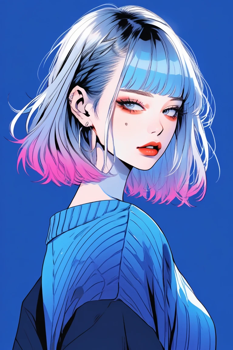 (best quality, sketch:1.2),realistic,illustrator,anime,1 girl, detailed lips,sweater,custom,blue gradient background,neon hair,textured cropping,Canadian, masterpiece, style retro classic, noir dark 