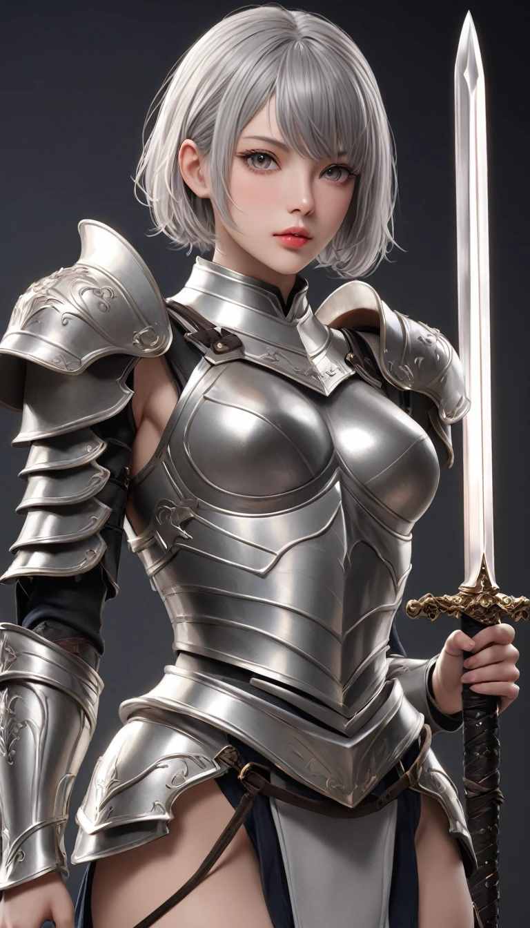 masterpiece,   high resolution on down ,   anatomically correct , 最 high quality,   high detail ,  high definition model ,   very detailed,   high quality,  Ultra High Definition,   Textured Skin, Realistic Skin, Delicate skin, Grey Hair,  Very Short Hair,  Sparkling Eyes,  high resolution on downの目, Adult women, textured lips, 
Wearing armor,
She has a sword in her hand