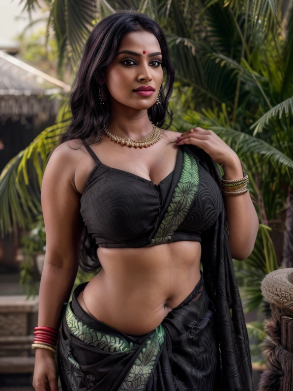 indian girls, realistic, showing huge breasts, dark black nipples, hair bun, braids, extremely seductive, smiling, perfect figure, revealing saree, slim thick