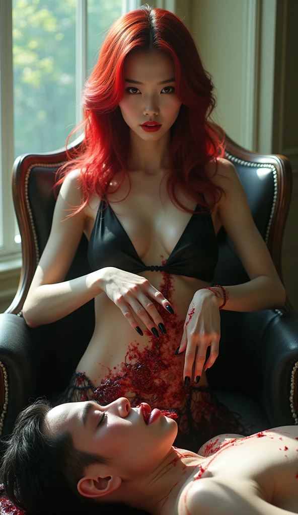 (((photorealistic:1.4))), ultra realistic, pores, (((masterpiece))),high quality, ultra details, realistic white skin beautiful smiling face pretty korean idol adult woman showing very long sharp claws black fingernails, long red hair, standing, foot on realistic man head with ripped throat in the floor, blood splatter everywhere, extreme gore, wounds and cuts, model, very pretty, vein on hands, wearing sexy outfit, pretty long legs, looking at camera, bed, modern luxury hotel room with big windows, high building, night,
