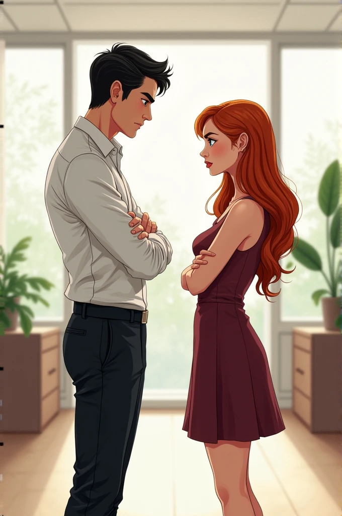 A pretty redhead woman kneeling in front of a handsome blond man. In front of the handsome blond man an attractive brown-haired man holding his beautiful blond wife. Two ordinary men and a pretty woman watching them