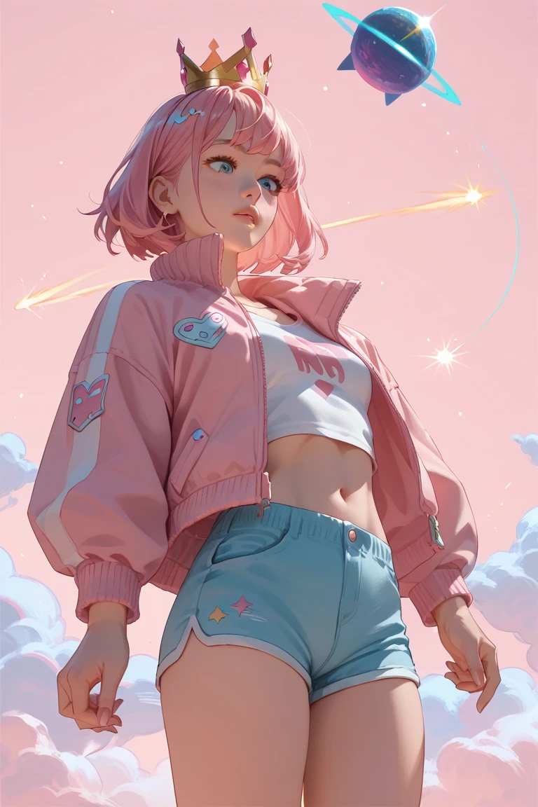 A FEMALE DJ , in space,  WITH PINK CROWN ,  LOOKING DOWN ,  SET AGAINST A METEOR,  jacket focus, extremely sexy, delicious, 16 YEARS OLD, out, tight shorts, pink background, CANDY HOUSE , pink hair