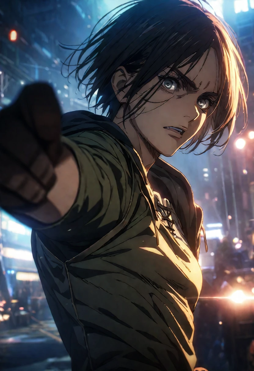 Upper half of the body, (Masterpiece, best quality: 1.2), Alone, adult male, Eren Yeager, Attack on Titan, looking at viewer, official art, extremely detailed CG unit, 8k wallpaper, perfect lighting, ( masterpiece: 1.0), (best quality: 1.0), ultra high resolution, 4k, ultra detailed, photography, 8k, HDR, high resolution, absurdities: 1.2, effect Bokeh: 1.2, lens flare, (vibrant color: 1.2), futuristic clothing, cyberpunk, full body, fighting pose