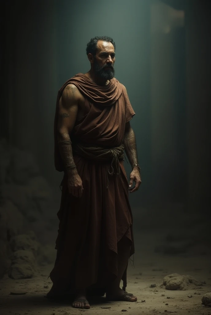 Muscular Greek God meditating dark environment