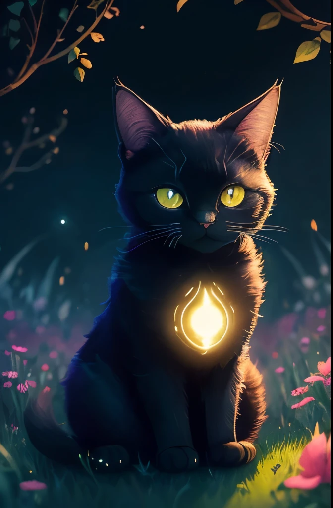 a black cat with glowing eyes sitting in the grass, cute detailed digital art, cute detailed artwork, cute digital art, 🌺 cgsociety, cute art style, adorable glowing creature, cute artwork, jen bartel, by Kubisi art, very very beautiful furry art, with glowing eyes, beeple and jeremiah ketner, cat from the void