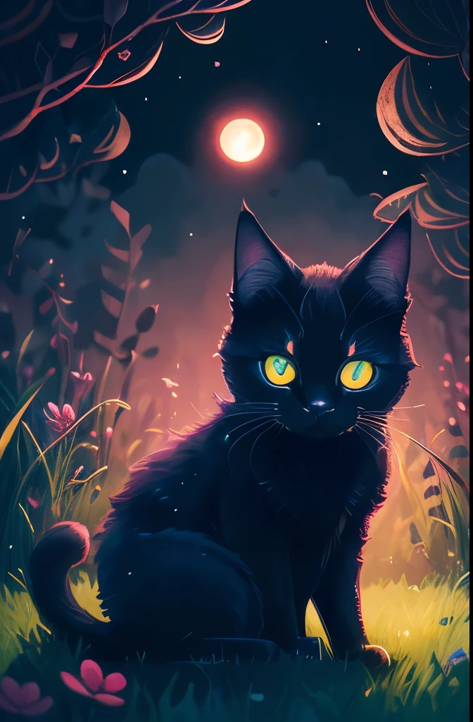 a black cat with glowing eyes sitting in the grass, cute detailed digital art, cute detailed artwork, cute digital art, 🌺 cgsociety, cute art style, adorable glowing creature, cute artwork, jen bartel, by Kubisi art, very very beautiful furry art, with glowing eyes, beeple and jeremiah ketner, cat from the void