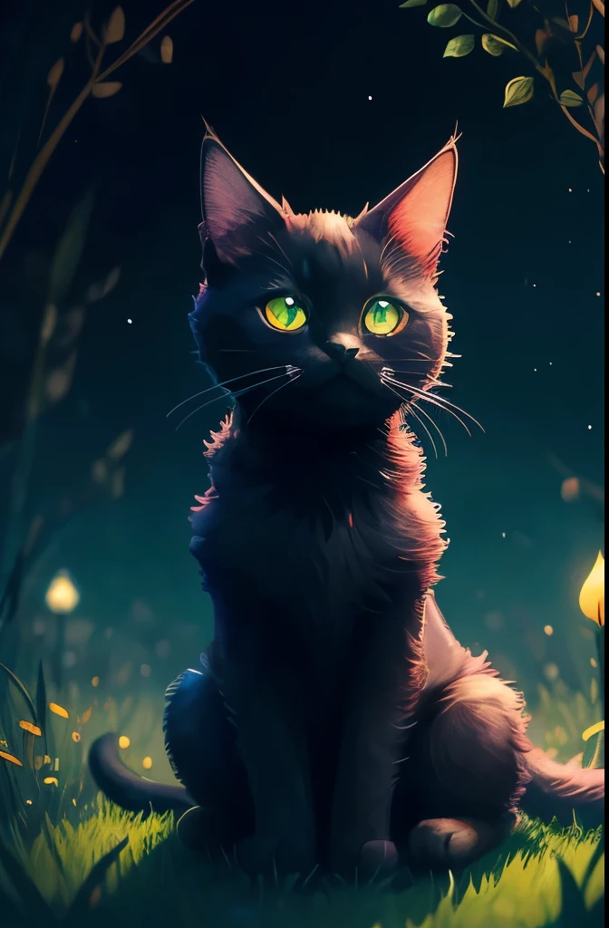 a black cat with glowing eyes sitting in the grass, cute detailed digital art, cute detailed artwork, cute digital art, 🌺 cgsociety, cute art style, adorable glowing creature, cute artwork, jen bartel, by Kubisi art, very very beautiful furry art, with glowing eyes, beeple and jeremiah ketner, cat from the void