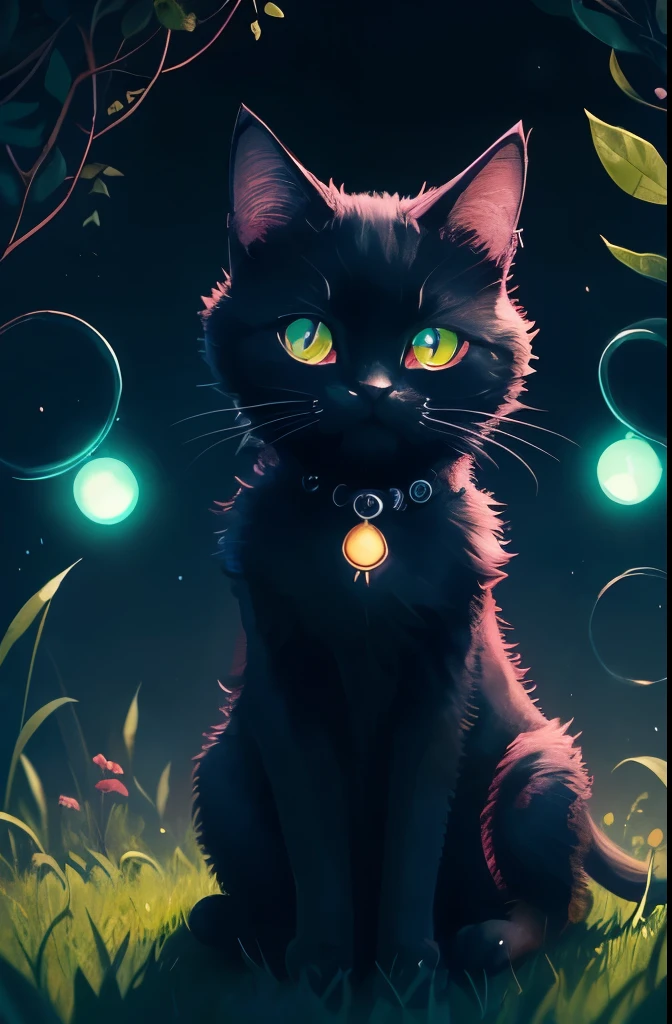 a black cat with glowing eyes sitting in the grass, cute detailed digital art, cute detailed artwork, cute digital art, 🌺 cgsociety, cute art style, adorable glowing creature, cute artwork, jen bartel, by Kubisi art, very very beautiful furry art, with glowing eyes, beeple and jeremiah ketner, cat from the void