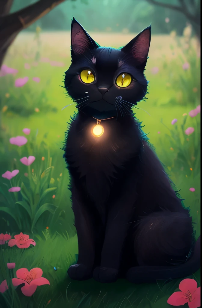 a black cat with glowing eyes sitting in the grass, cute detailed digital art, cute detailed artwork, cute digital art, 🌺 cgsociety, cute art style, adorable glowing creature, cute artwork, jen bartel, by Kubisi art, very very beautiful furry art, with glowing eyes, beeple and jeremiah ketner, cat from the void