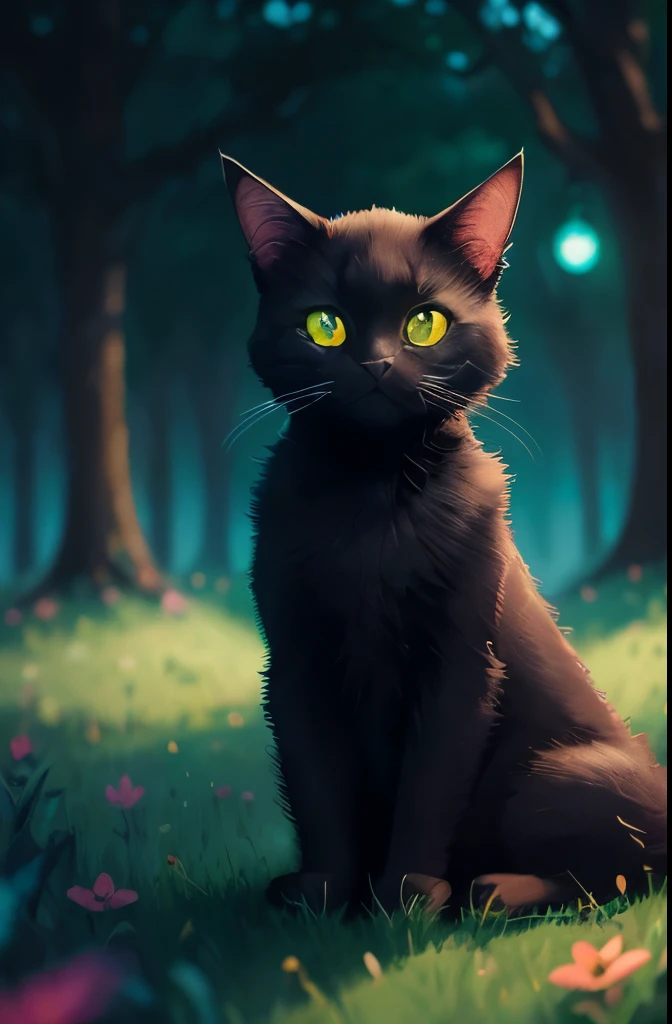 a black cat with glowing eyes sitting in the grass, cute detailed digital art, cute detailed artwork, cute digital art, 🌺 cgsociety, cute art style, adorable glowing creature, cute artwork, jen bartel, by Kubisi art, very very beautiful furry art, with glowing eyes, beeple and jeremiah ketner, cat from the void