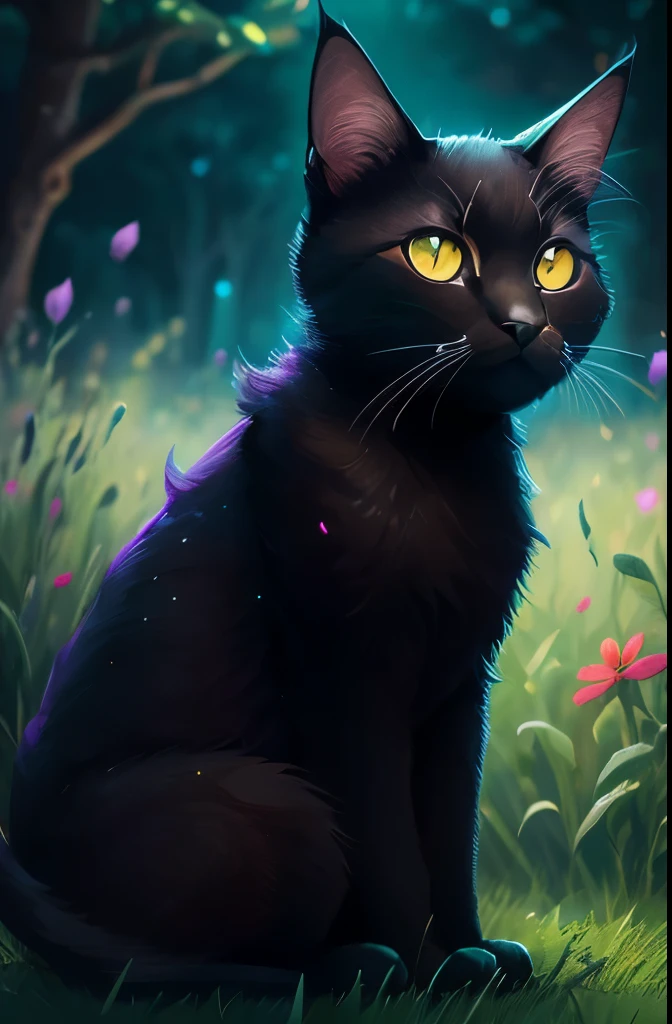 a black cat with glowing eyes sitting in the grass, cute detailed digital art, cute detailed artwork, cute digital art, 🌺 cgsociety, cute art style, adorable glowing creature, cute artwork, jen bartel, by Kubisi art, very very beautiful furry art, with glowing eyes, beeple and jeremiah ketner, cat from the void