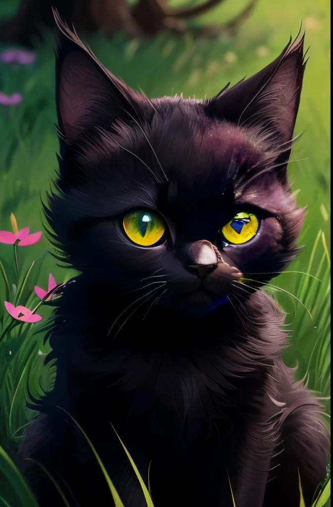 a black cat with glowing eyes sitting in the grass, cute detailed digital art, cute detailed artwork, cute digital art, 🌺 cgsociety, cute art style, adorable glowing creature, cute artwork, jen bartel, by Kubisi art, very very beautiful furry art, with glowing eyes, beeple and jeremiah ketner, cat from the void