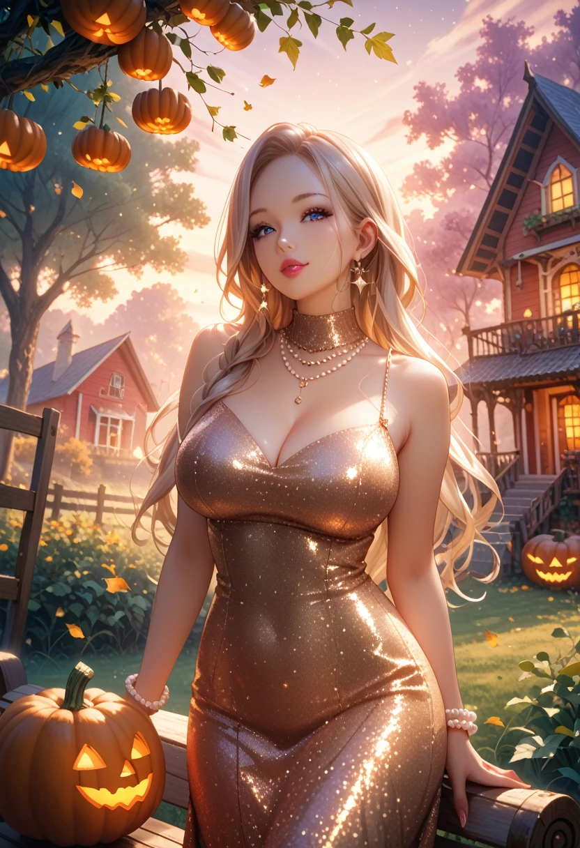 anime,  Mature girl, curvy shapes,  sexy ,  Star Dress ,  long hair,  Beautiful Pearl Eyes Glitter, skin shine,  Wrist Jewelry ,  Beautiful Dress Neckline ,  background Intricate House , bench, pumpkins, Hay, Ivy Leaves ,  Girl Standing Near the Fence , score_9, score_8_up, score_7_up,
8 k, masterpiece, ( best quality:1.3),  Enhanced with Details Picture , bright colors, (gloss  :1.2),  Complex Details ,