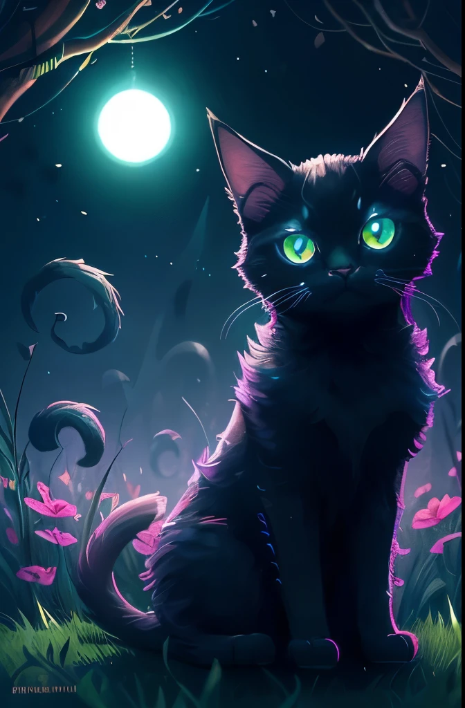 a black cat with glowing eyes sitting in the grass, cute detailed digital art, cute detailed artwork, cute digital art, 🌺 cgsociety, cute art style, adorable glowing creature, cute artwork, jen bartel, by Kubisi art, very very beautiful furry art, with glowing eyes, beeple and jeremiah ketner, cat from the void