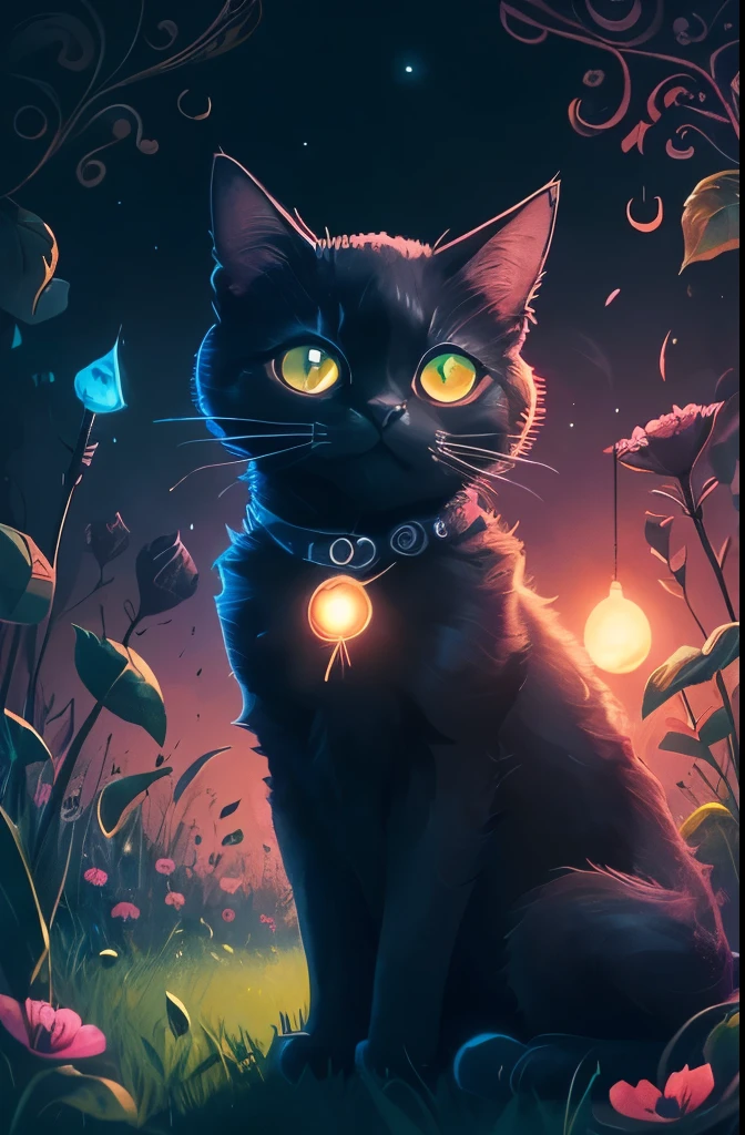 a black cat with glowing eyes sitting in the grass, cute detailed digital art, cute detailed artwork, cute digital art, 🌺 cgsociety, cute art style, adorable glowing creature, cute artwork, jen bartel, by Kubisi art, very very beautiful furry art, with glowing eyes, beeple and jeremiah ketner, cat from the void