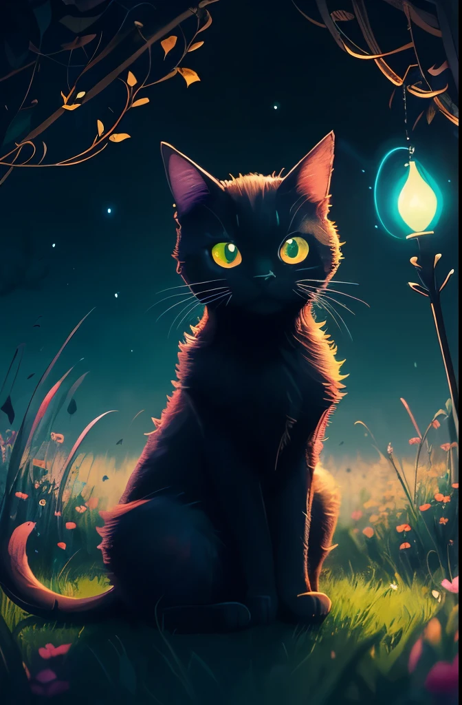 a black cat with glowing eyes sitting in the grass, cute detailed digital art, cute detailed artwork, cute digital art, 🌺 cgsociety, cute art style, adorable glowing creature, cute artwork, jen bartel, by Kubisi art, very very beautiful furry art, with glowing eyes, beeple and jeremiah ketner, cat from the void