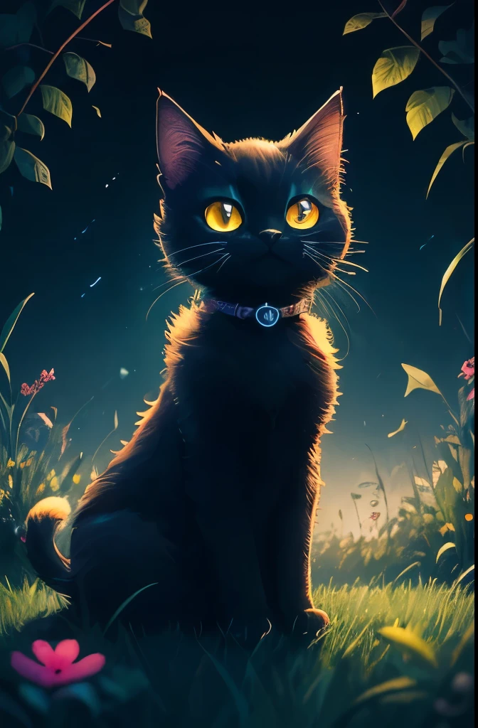 a black cat with glowing eyes sitting in the grass, cute detailed digital art, cute detailed artwork, cute digital art, 🌺 cgsociety, cute art style, adorable glowing creature, cute artwork, jen bartel, by Kubisi art, very very beautiful furry art, with glowing eyes, beeple and jeremiah ketner, cat from the void