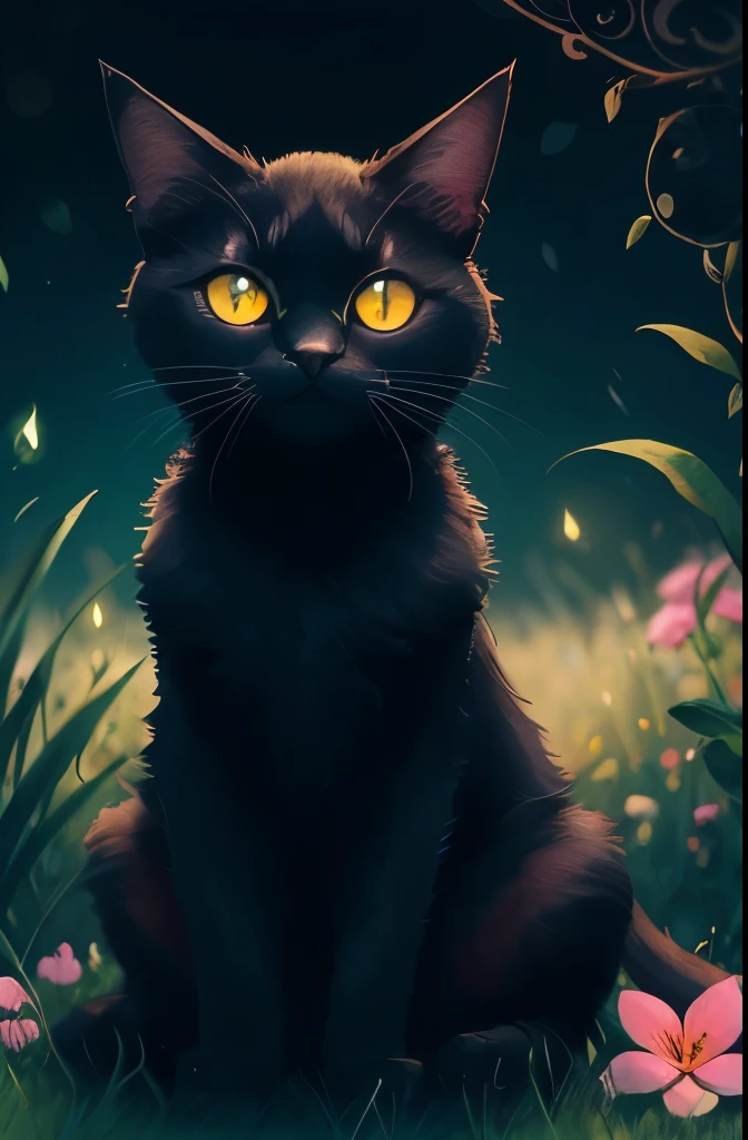 a black cat with glowing eyes sitting in the grass, cute detailed digital art, cute detailed artwork, cute digital art, 🌺 cgsociety, cute art style, adorable glowing creature, cute artwork, jen bartel, by Kubisi art, very very beautiful furry art, with glowing eyes, beeple and jeremiah ketner, cat from the void