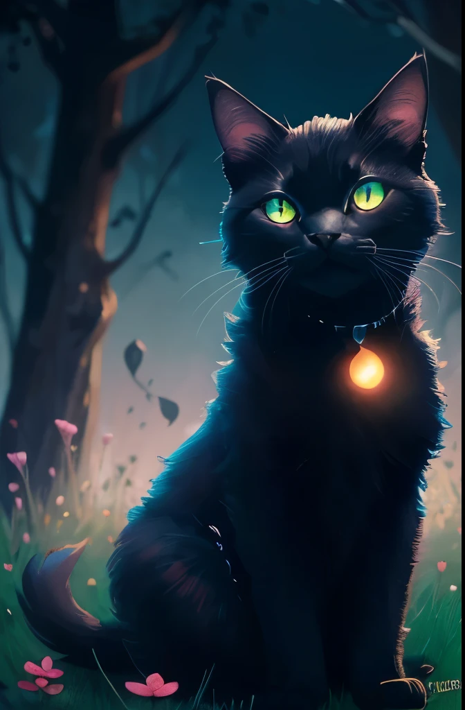 a black cat with glowing eyes sitting in the grass, cute detailed digital art, cute detailed artwork, cute digital art, 🌺 cgsociety, cute art style, adorable glowing creature, cute artwork, jen bartel, by Kubisi art, very very beautiful furry art, with glowing eyes, beeple and jeremiah ketner, cat from the void