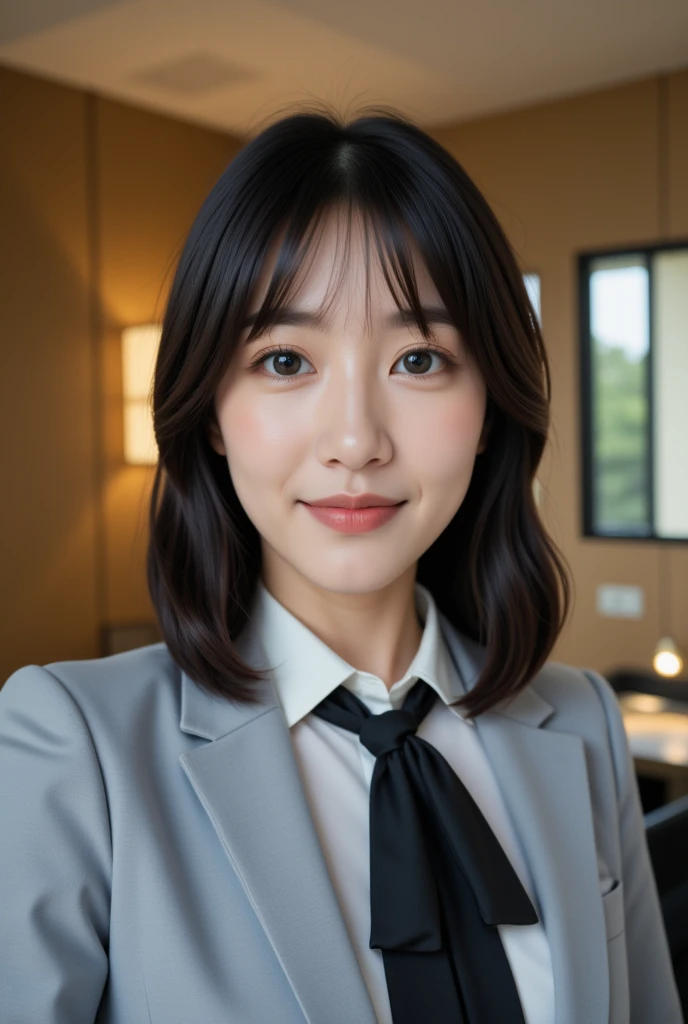   turn the body forward  (Best Quality,masterpiece:1.3,   ultra high resolution),(Super detailed,caustics,8k),(  Photorealistic:1.4,RAW shooting),18 years old,cute, no makeup in the coal mine,Japanese,  Medium Bob Black Hair  、(uniform),(smile),Selfie,Hotel,(High situation:1.3),(High Angle:1.3),  Force Low-Angle Composition ,Big Breasts