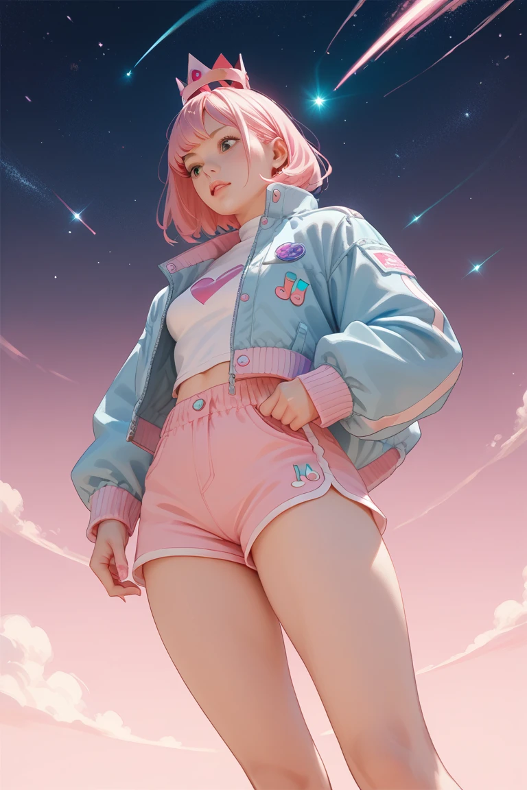 A FEMALE DJ , in space,  WITH PINK CROWN ,  LOOKING DOWN ,  SET AGAINST A METEOR,  jacket focus, extremely sexy, delicious, , out, tight shorts, pink background, CANDY HOUSE , pink hair