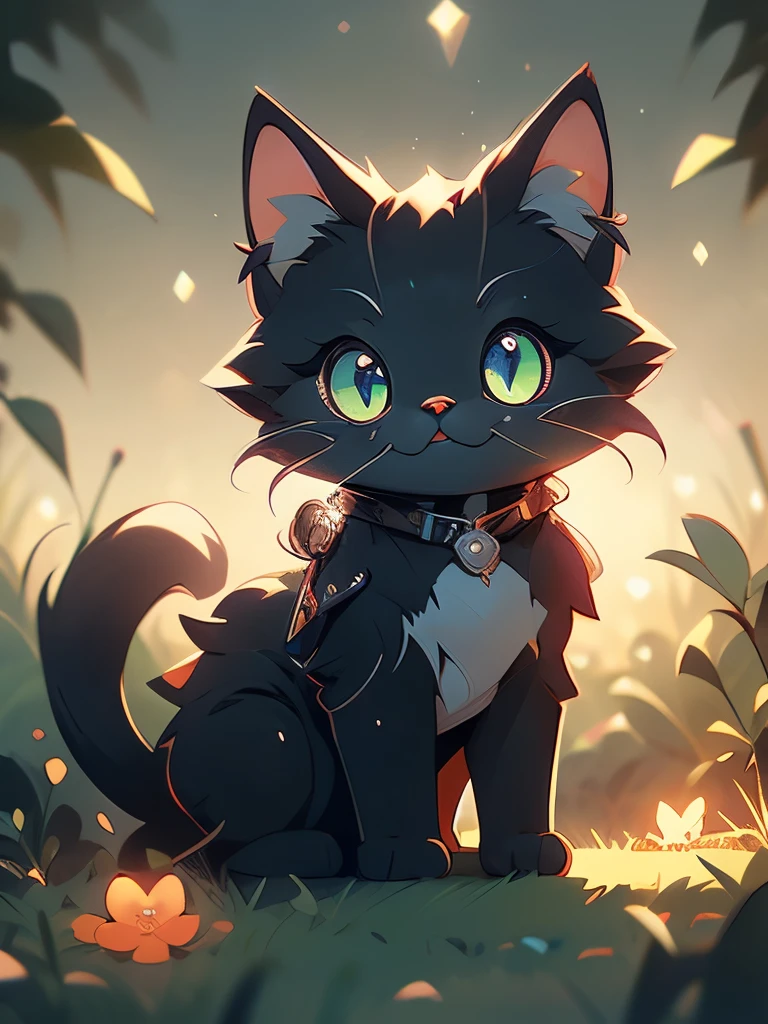 a black cat with glowing eyes sitting in the grass, cute detailed digital art, cute detailed artwork, cute digital art, 🌺 cgsociety, cute art style, adorable glowing creature, cute artwork, jen bartel, by Kubisi art, very very beautiful furry art, with glowing eyes, beeple and jeremiah ketner, cat from the void