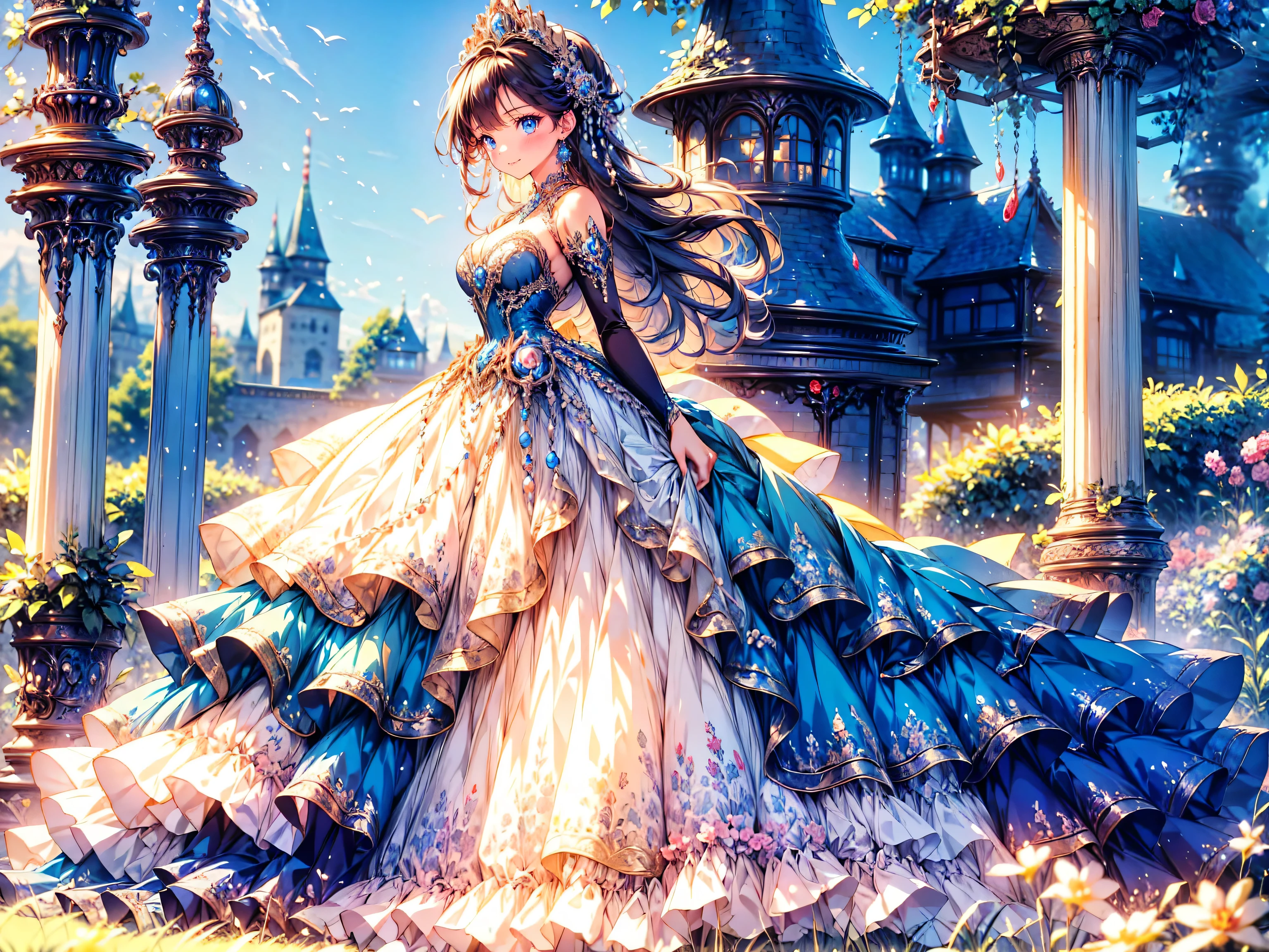 ((Superbly detailed drawing, ultra detailed, exquisite quality, absolutely resolution)), ultra luxurious rococo victorian gown, huge hoop skirt with volume and expanse, princess style skirt with long hems, extremely complex and difficult understand structure, and ultra multi structured ruffles at ultra detailed and beautiful, finest gown,  
BREAK 
fluffy super voluminous long expressive, asymmetrical bangs, tiara, huge breasts, happy smile, super detailed skin, super delicate and beautiful face, kawaii face, hyper detail face, 
BREAK 
 (eyes blue eyes), (blurry background:1.5), (depth of field), backlighting, caustics, ((fog, fantasy castle)), (dynamic angle:1.3), amazing digital paint, anime moe art style, magnificent panorama view, 
BREAK 
 (((young face solo princess)), ((front view)), (((arms behind back))), ((full body)),