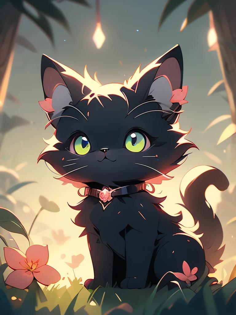 a black cat with glowing eyes sitting in the grass, cute detailed digital art, cute detailed artwork, cute digital art, 🌺 cgsociety, cute art style, adorable glowing creature, cute artwork, jen bartel, by Kubisi art, very very beautiful furry art, with glowing eyes, beeple and jeremiah ketner, cat from the void