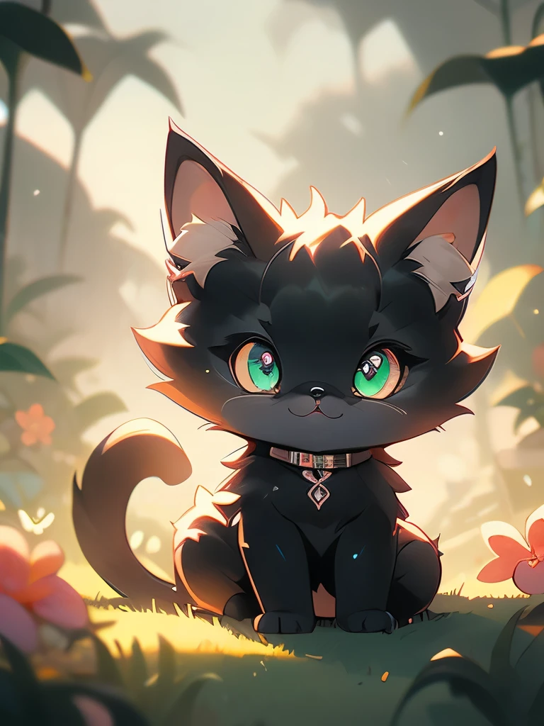 a black cat with glowing eyes sitting in the grass, cute detailed digital art, cute detailed artwork, cute digital art, 🌺 cgsociety, cute art style, adorable glowing creature, cute artwork, jen bartel, by Kubisi art, very very beautiful furry art, with glowing eyes, beeple and jeremiah ketner, cat from the void