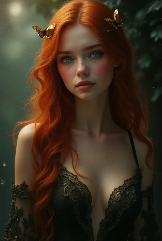(solo, full body photo:1.3), (action packed:1.3), (haze, fog, mist:1.3), chiaroscuro, best quality, photorealistic, 1woman, (cute), (24yo:1.2), redhead, long ginger hair highly detailed, 1700'S, digital photography, art by artgerm and ruan jia and greg rutkowski surreal painting gold butterfly filigree, broken glass, (masterpiece, sidelighting, finely detailed Fashionable eyes: 1.2) (perfect oval large eyes that gazes at the viewer), beautiful detailed face, blue gorgeous perfect eyes, (blonde hair ponytail), (attractive young woman:1.3), (thick amazing hair), (seductive:1.1), (blushing:1.1)