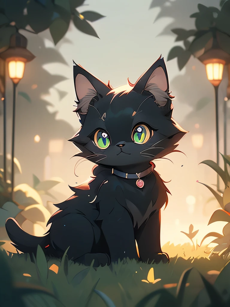 a black cat with glowing eyes sitting in the grass, cute detailed digital art, cute detailed artwork, cute digital art, 🌺 cgsociety, cute art style, adorable glowing creature, cute artwork, jen bartel, by Kubisi art, very very beautiful furry art, with glowing eyes, beeple and jeremiah ketner, cat from the void