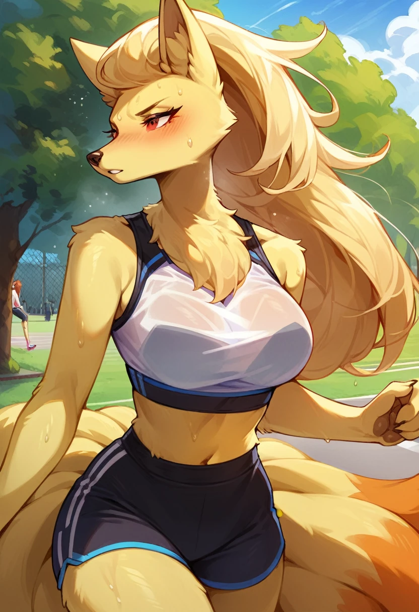 score_9, score_8_up, score_7_up,
((best quality)), absurdres,
NinetalesPXL, hourglass figure, anthro, female, 1girl,
park, jogging, (sports bra, revealing shorts,translucent topwear), sweat, outdoors, half body portrait,
Smooth, Anime, Expressiveh,