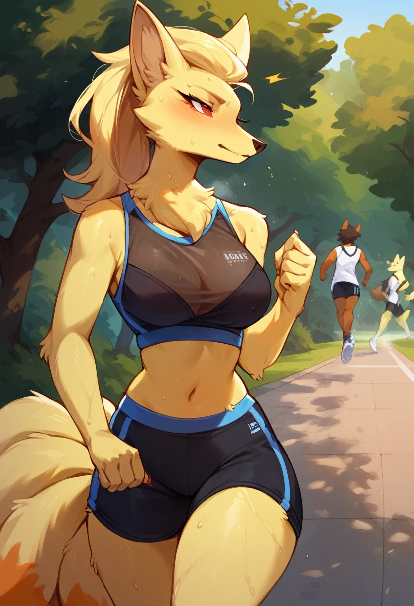 score_9, score_8_up, score_7_up,
((best quality)), absurdres,
NinetalesPXL, hourglass figure, anthro, female, 1girl,
park, jogging, (sports bra, revealing shorts,translucent topwear), sweat, outdoors, half body portrait,
Smooth, Anime, Expressiveh,