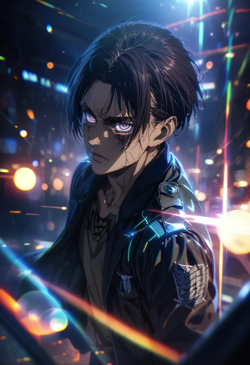 Upper half of the body, (Masterpiece, best quality: 1.2), Alone, adult male, Eren Yeager, Attack on Titan, looking at viewer, official art, extremely detailed CG unit, 8k wallpaper, perfect lighting, ( masterpiece: 1.0), (best quality: 1.0), ultra high resolution, 4k, ultra detailed, photography, 8k, HDR, high resolution, absurdities: 1.2, effect Bokeh: 1.2, lens flare, (vibrant color: 1.2), futuristic clothing, cyberpunk, full body, fighting pose